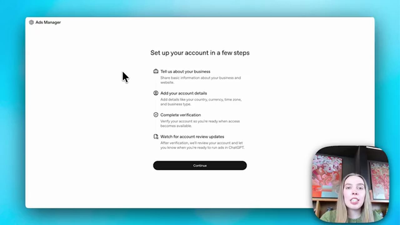 Onboarding Ads Manager avec les 4 étapes de configuration