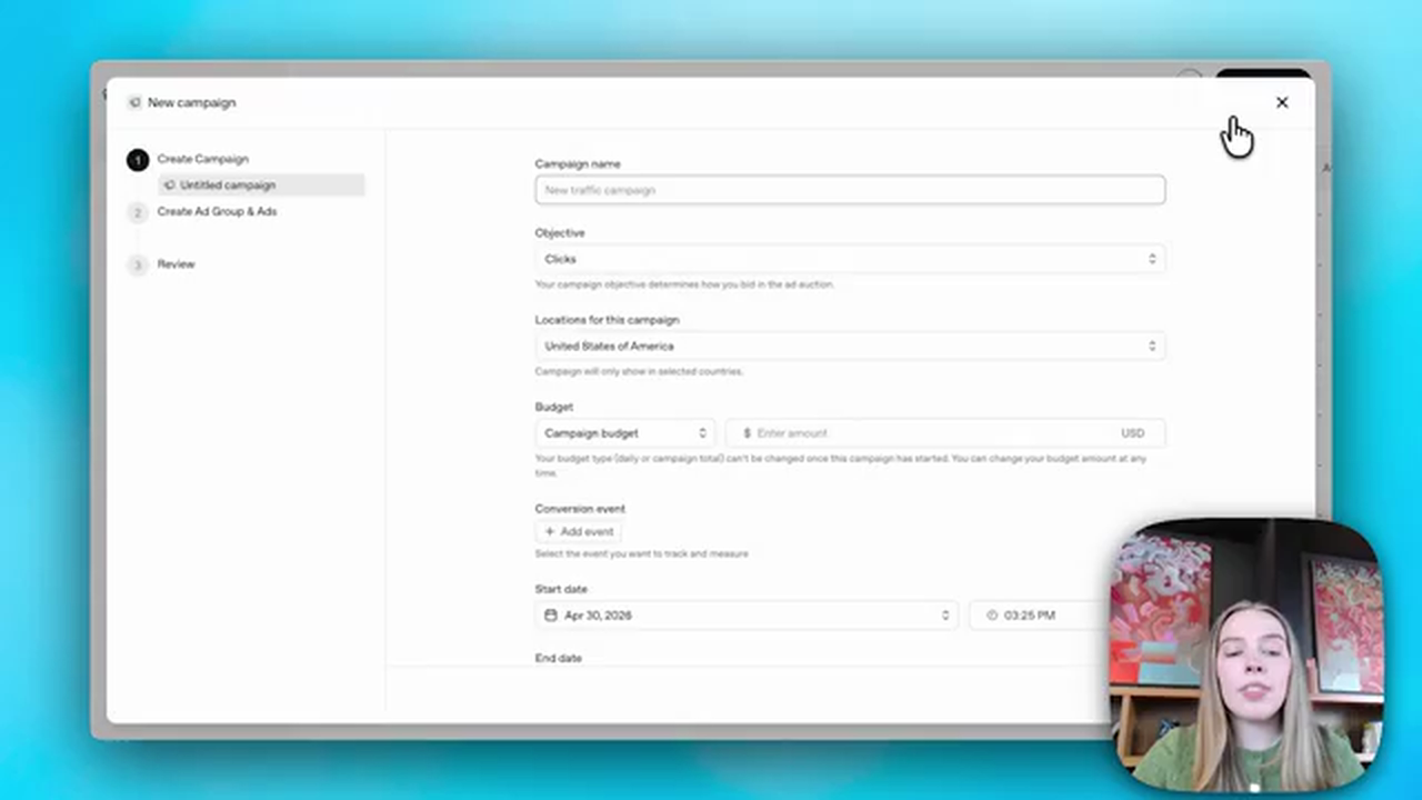 Wizard de création de campagne avec objectif Clicks et budget