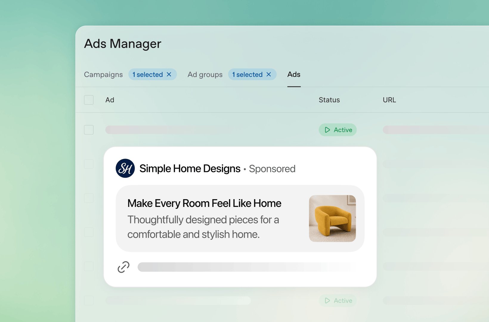 Aperçu d'une annonce sponsorisée Simple Home Designs dans le format ChatGPT