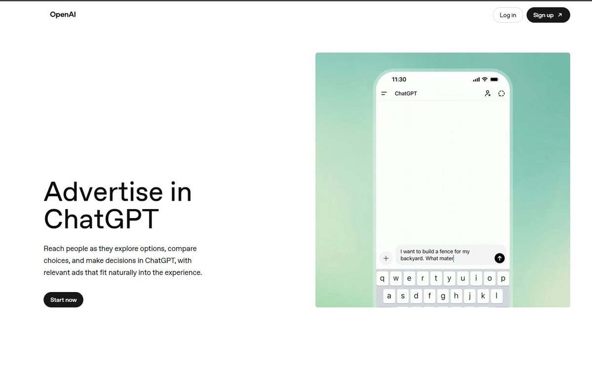 Landing page OpenAI Advertise in ChatGPT avec aperçu mobile