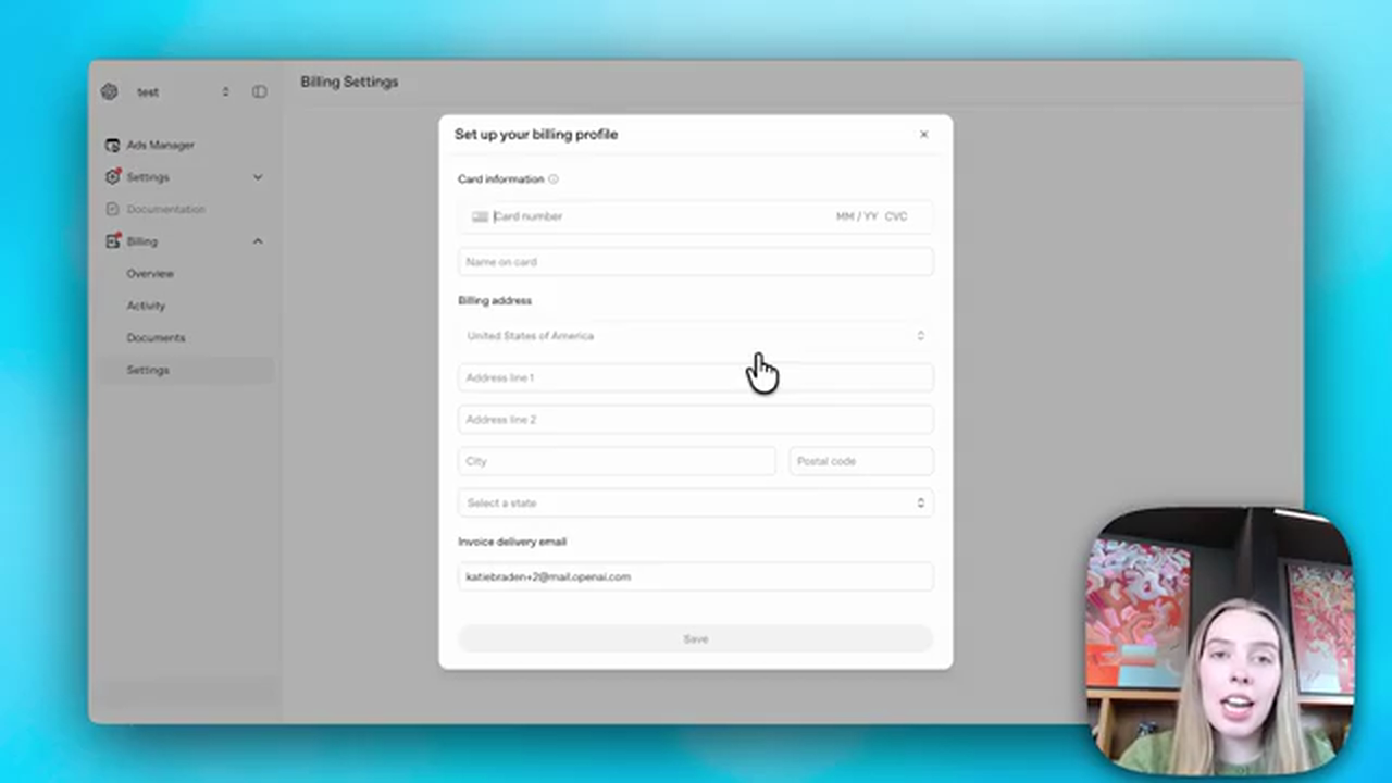 Configuration du profil de facturation avec carte bancaire et adresse