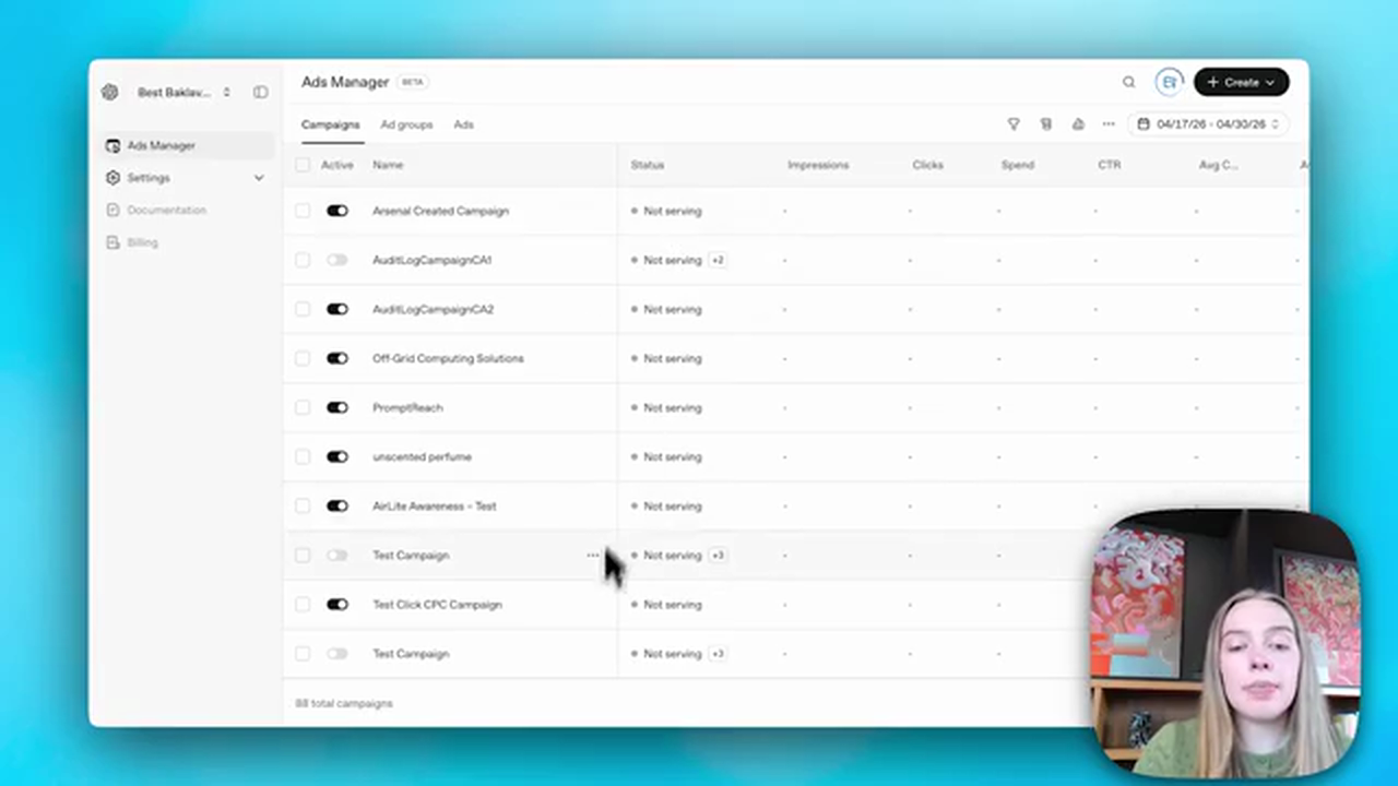 Dashboard Ads Manager avec liste de campagnes et leurs métriques