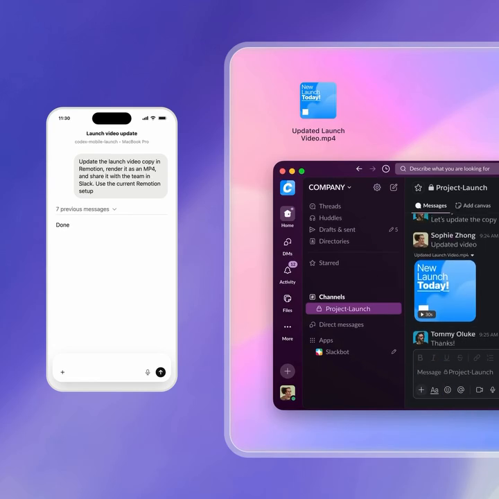 Le résultat livré : Codex a édité la vidéo sur le Mac et l'a partagée dans le canal Slack Project-Launch