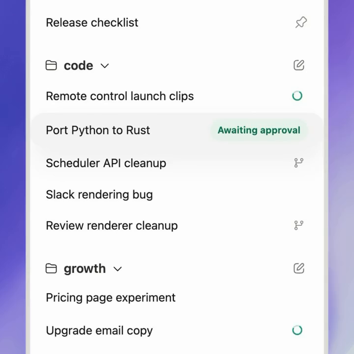 Le dashboard Codex avec plusieurs tâches en cours, dont 'Port Python to Rust' marquée Awaiting approval