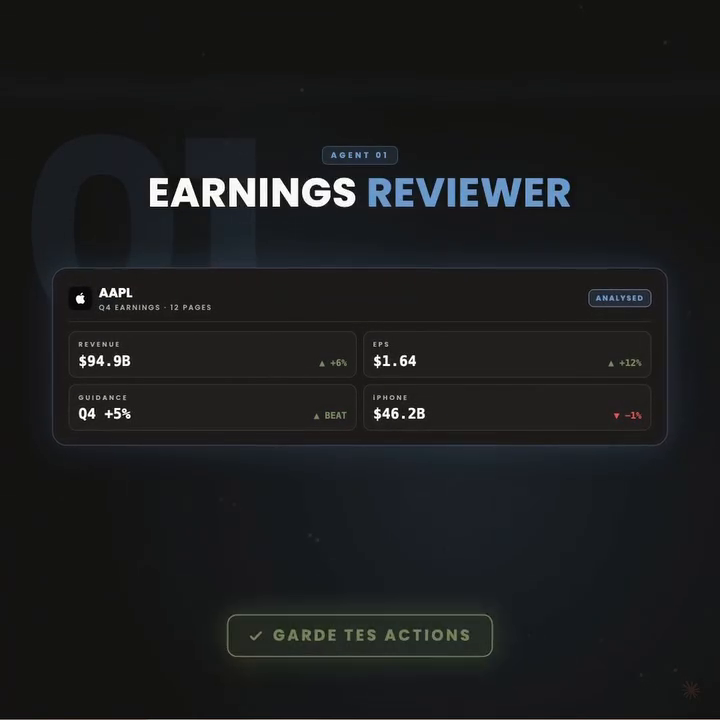 Sortie de l'agent Earnings Reviewer sur AAPL : revenue, EPS, guidance, ventes iPhone et statut analysé