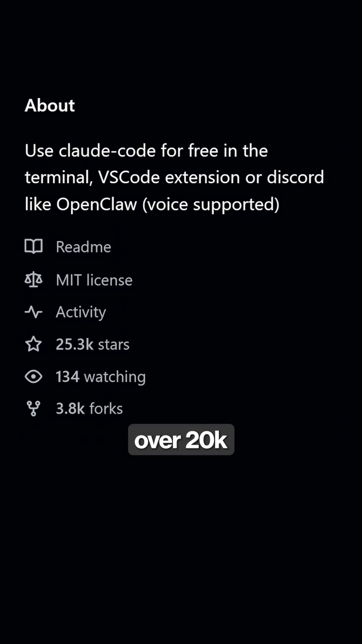 Repo GitHub free-claude-code avec 22.7k stars, MIT license, et la description "Use claude-code for free in the terminal, VSCode extension or discord"