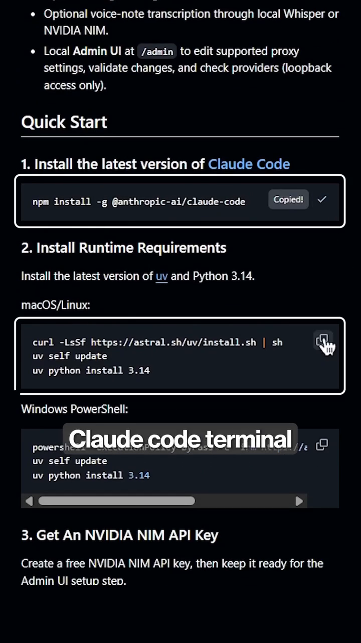 Section Quick Start du repo avec les commandes d'install npm et curl pour macOS/Linux