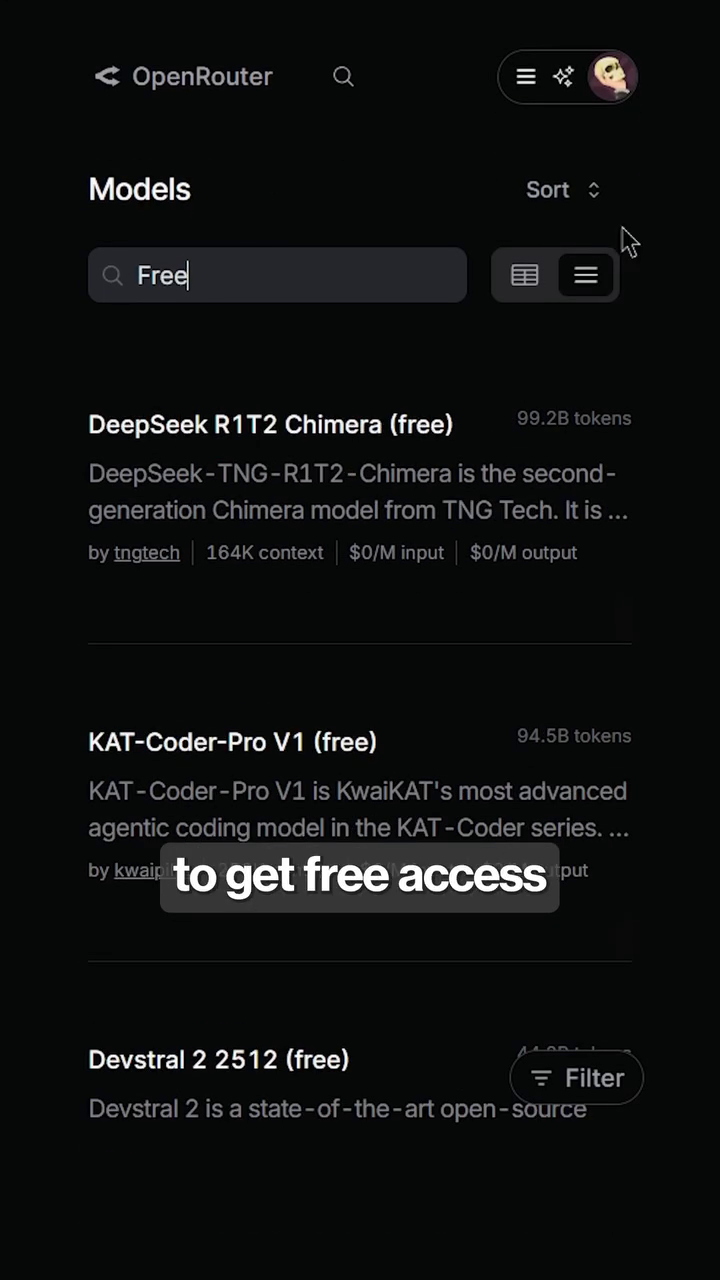 Catalogue OpenRouter filtré sur "Free" : DeepSeek R1T2 Chimera, KAT-Coder-Pro, Devstral 2, tous à $0/M tokens