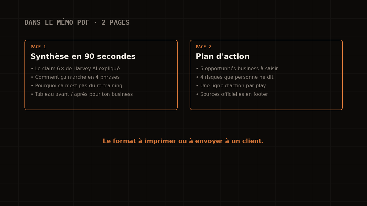 Sommaire du PDF : 90 secondes de synthèse + plan d'action avec 5 plays business et 4 risques