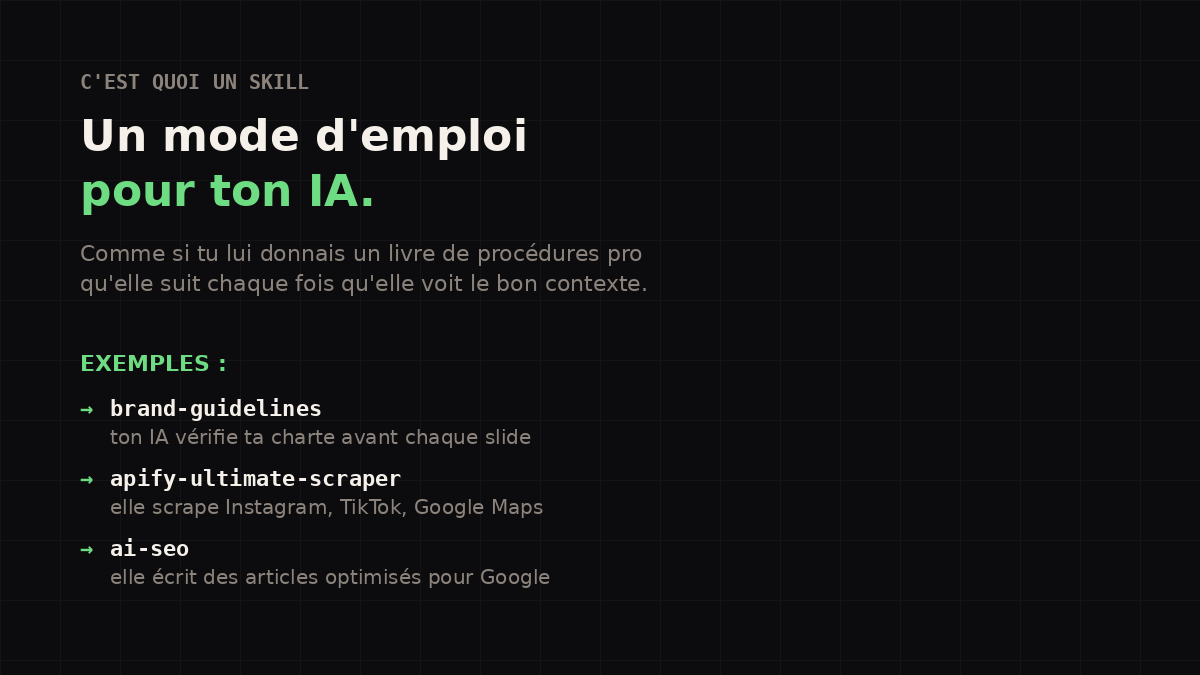 Trois exemples : brand-guidelines pour la charte, apify-ultimate-scraper pour le scraping, ai-seo pour le contenu