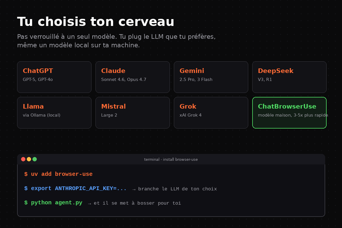 Grille des LLM compatibles : ChatGPT, Claude, Gemini, DeepSeek, Llama, Mistral, Grok, plus ChatBrowserUse le modèle maison