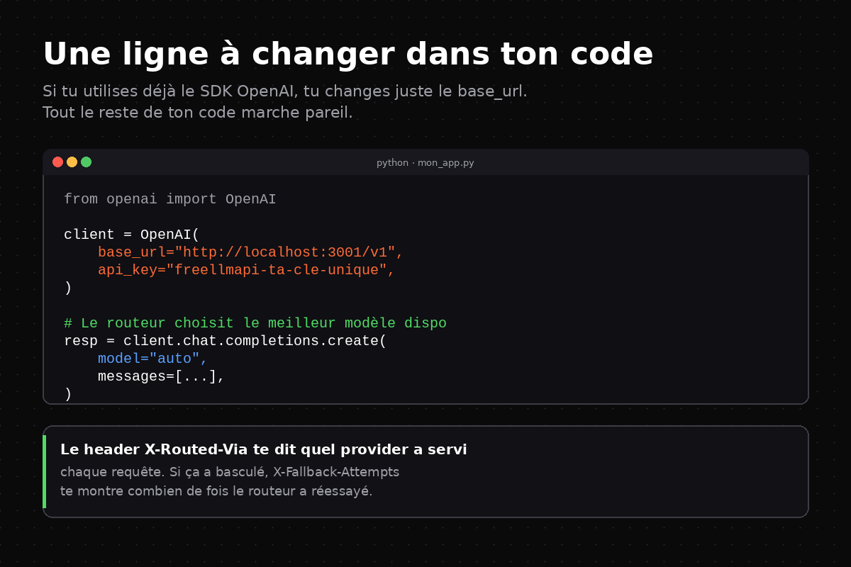 Exemple de code Python montrant le changement de base_url pour pointer vers FreeLLMAPI
