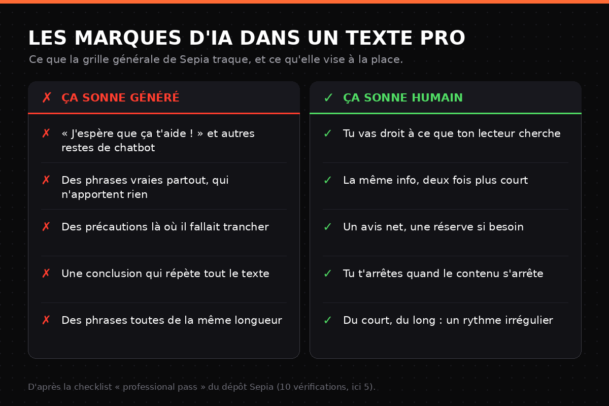 Les marques d'IA que Sepia repère dans un texte pro, et ce qu'il faut viser à la place