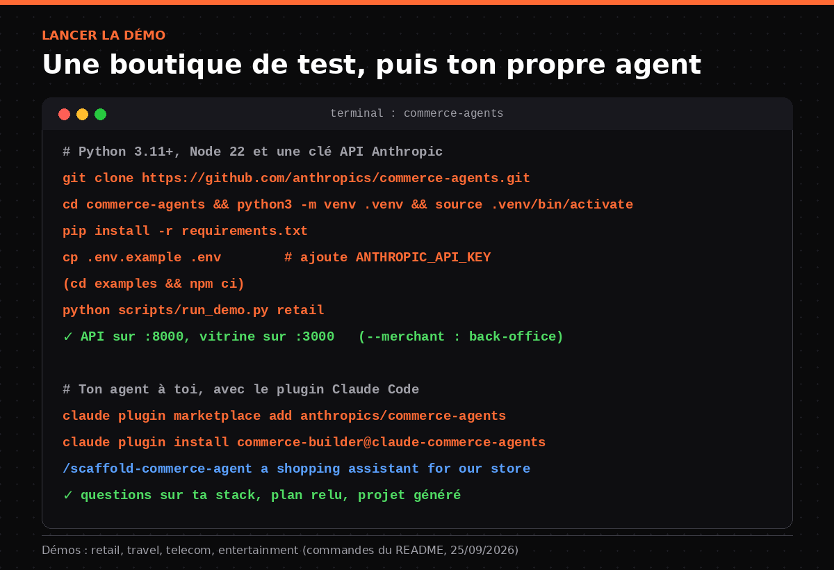 Les commandes pour lancer la démo retail et le plugin Claude Code