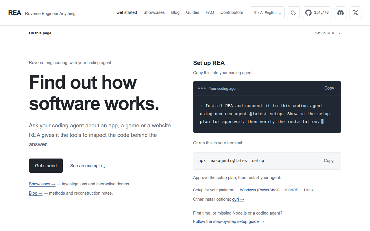 Le site officiel de REA, rea.tools : installation en une commande dans ton agent