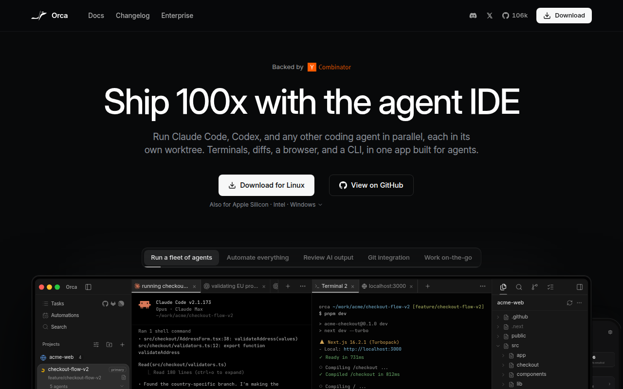 Page d'accueil du site officiel d'Orca : titre « Ship 100x with the agent IDE », boutons de téléchargement et aperçu de l'application avec plusieurs agents et un terminal côte à côte