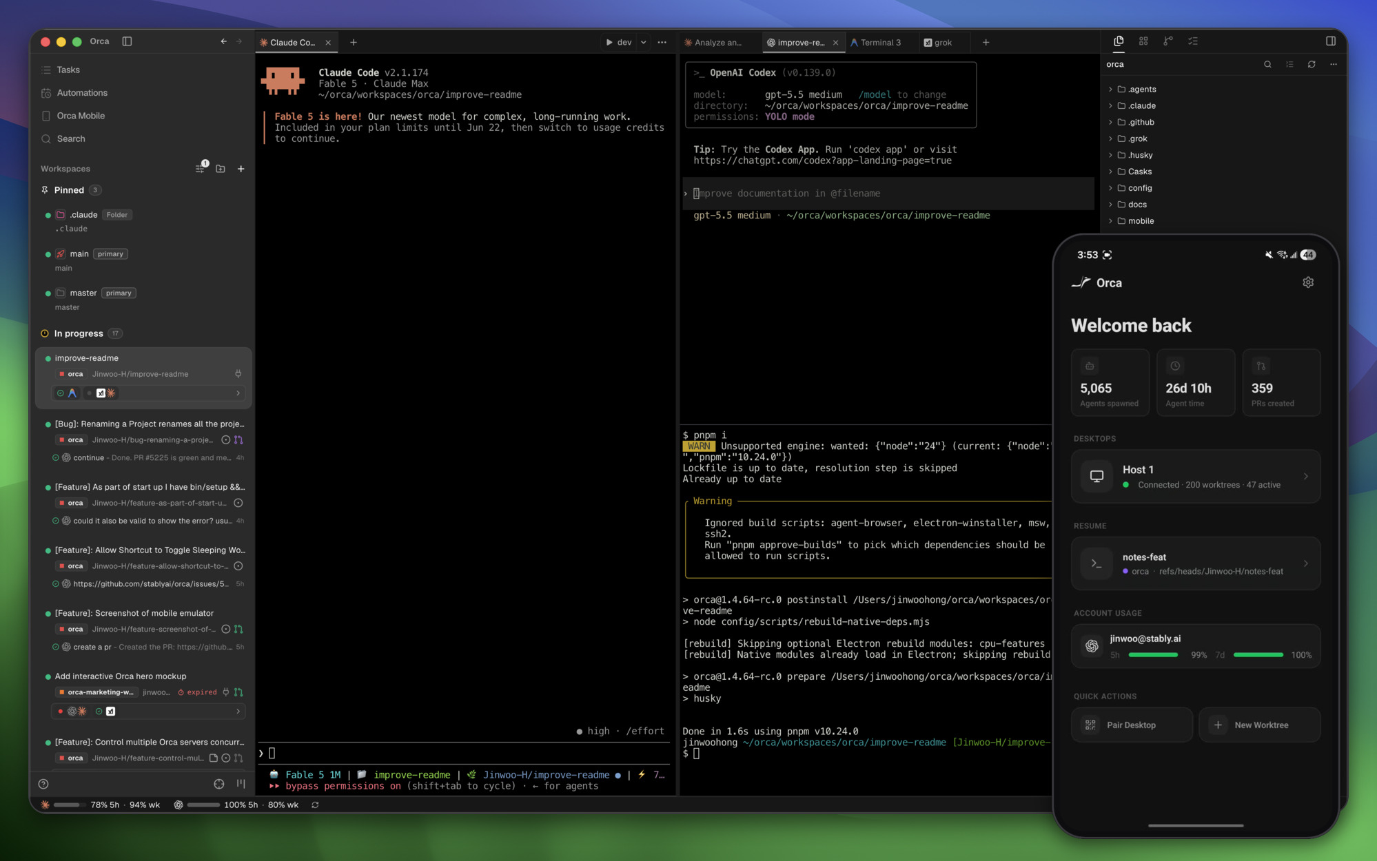Application de bureau d'Orca avec des agents en parallèle sur des copies de travail distinctes, et l'application mobile compagnon dans un coin de l'image