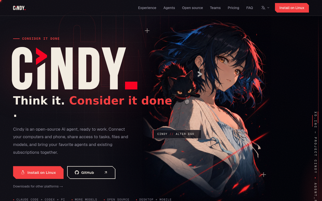 Page d'accueil du site officiel de Cindy : le logo CINDY, le slogan « Think it. Consider it done », un texte de présentation et les boutons d'installation et GitHub
