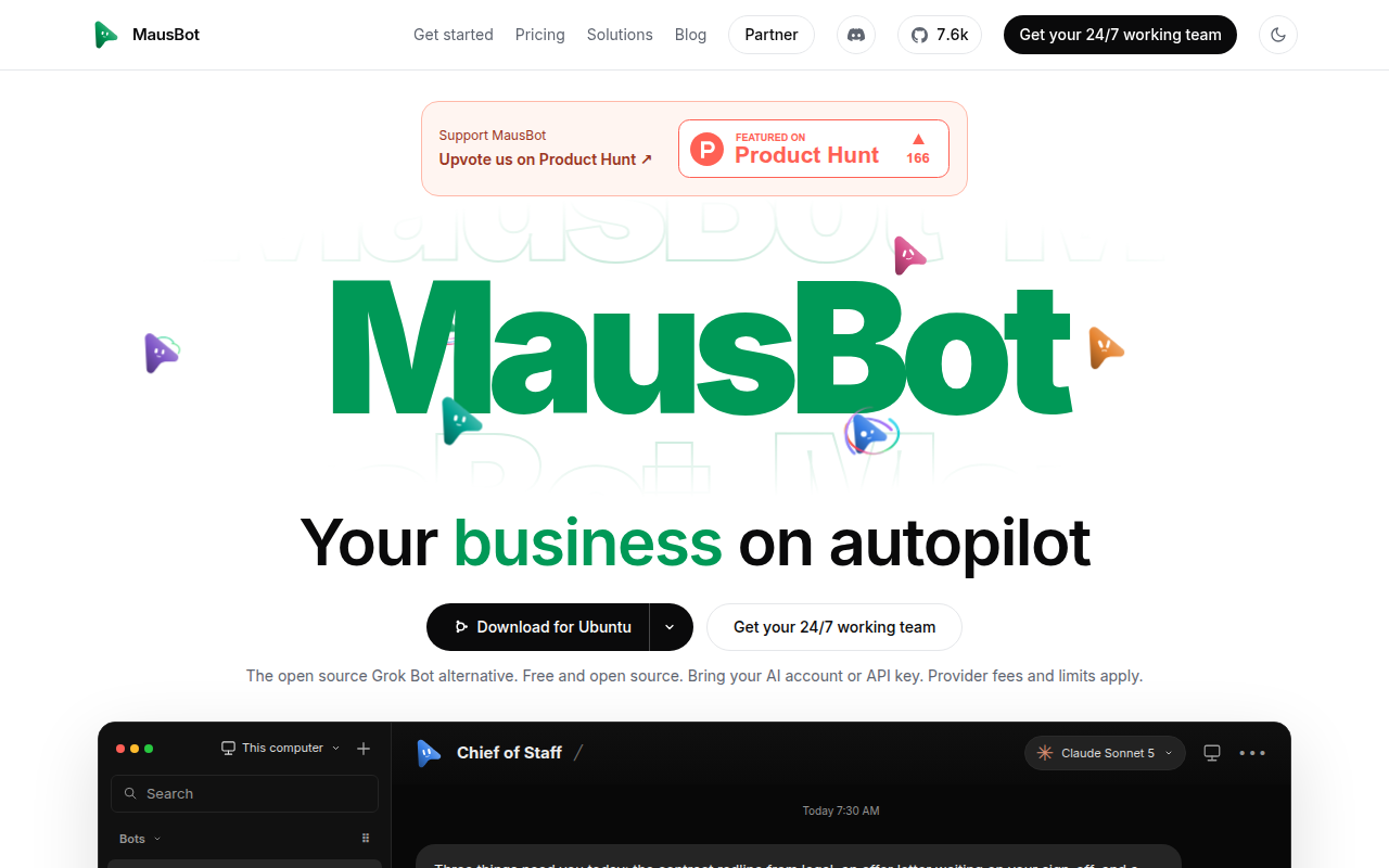 Page d'accueil du site officiel OpenMausBot : le slogan « Your business on autopilot », le bouton de téléchargement et un aperçu de l'appli avec le bot Chief of Staff